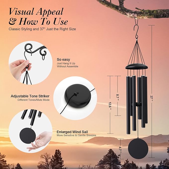 Big Black Wind Chimes for Outside Deep Tone, Personalized Metal WindChimes Tuned Melodic Music Sound Outdoors for Garden Patio Home with Rewritable Wind Catcher