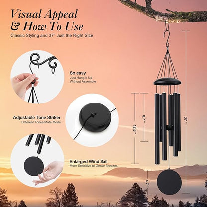 Big Black Wind Chimes for Outside Deep Tone, Personalized Metal WindChimes Tuned Melodic Music Sound Outdoors for Garden Patio Home with Rewritable Wind Catcher