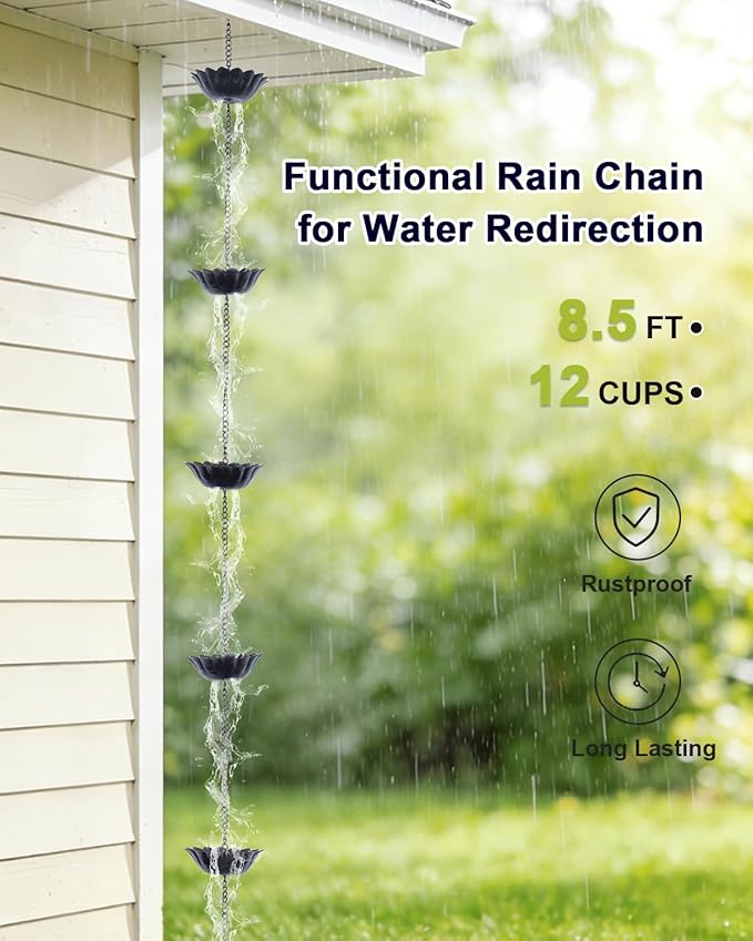 hogardeck 8.5FT Rain Chain with 12 Cups for Gutters Outside, Decorative Metal Rain Catcher with Adapter, Stake & Bell for Downspout Replacement, Garden Drainage, Eaves