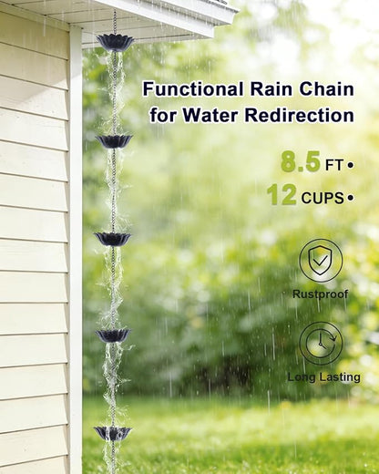 hogardeck 8.5FT Rain Chain with 12 Cups for Gutters Outside, Decorative Metal Rain Catcher with Adapter, Stake & Bell for Downspout Replacement, Garden Drainage, Eaves