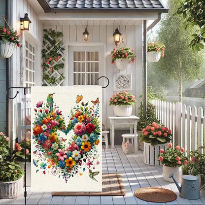 Colorful Floral Love Hearts Garden Flag 12x18 Inch Double Sided Small Burlap Birds Flowers Butterflies Outdoor Decorations Spring Summer Garden Flags Patio Yard Outside Decor