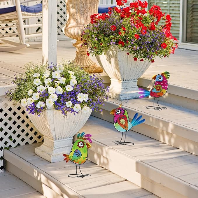 3 Pack Garden Outdoor Metal & Glass Bird Yard Art Decor, Yard Art Decoration for Porch Patio, Garden Statues Sculpture Gifts for Grandma Mom Women (Colorful)