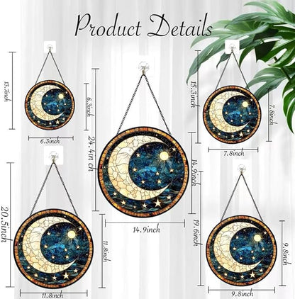 Funoasis Stained Glass Window Hanging 6.3 Inches Suncatcher - Deep Blue Sky A Crescent Moon and Many Stars Ornaments Sun Catcher Home Decor Women Birthday