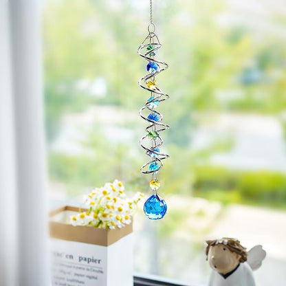 H&D HYALINE & DORA 20.5inch Gazing Ball Spiral Tail,Decorative Wind Spinner Sun Catcher,Rainbow Maker Double-Spiral W/Sea Blue Crystal Ball and Chain,Glass Crystals for Indoor Outdoor Decoration