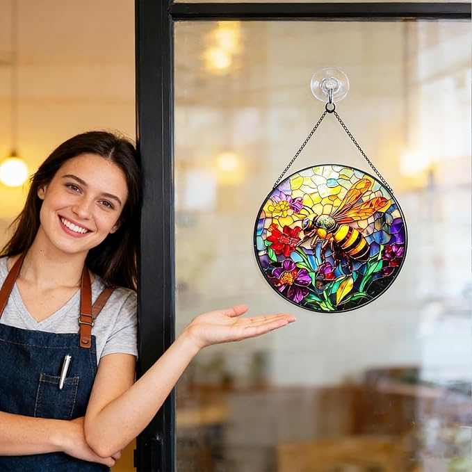Stained Glass Window Hanging, Summer Beach Window Hanging Light Catcher, Outdoor Light Catcher Garden Decor, Tropical Kitchen Wall Decor Decorative Patios (Red Flowers Bees)