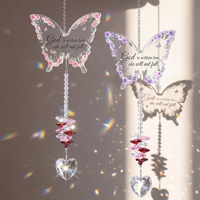 Didaey 2 Pcs Christian Crystal Butterfly Suncatchers Inspirational Religious Gifts for Women Pink Purple Windows Car Hanging Ornament with Greeting Card and Gift Box for Mom Friend Mother's Day