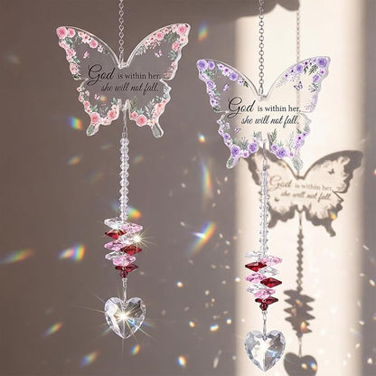 Didaey 2 Pcs Christian Crystal Butterfly Suncatchers Inspirational Religious Gifts for Women Pink Purple Windows Car Hanging Ornament with Greeting Card and Gift Box for Mom Friend Mother's Day