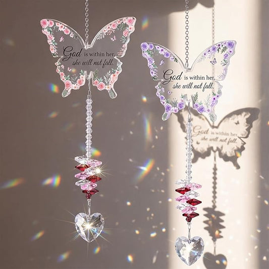 Didaey 2 Pcs Christian Crystal Butterfly Suncatchers Inspirational Religious Gifts for Women Pink Purple Windows Car Hanging Ornament with Greeting Card and Gift Box for Mom Friend Mother's Day