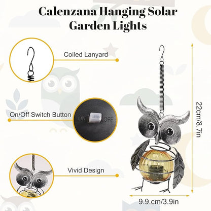 Calenzana Silver Owl Outdoor Solar Garden Light, Waterpoof Hanging Solar Light for Yard Patio Backyard Porch, Gifts for Women Mom Grandma