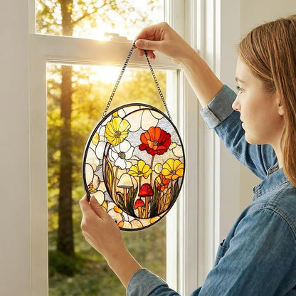 Stained Glass Sun Catcher Window Hanging - Mushroom Flower Plant Design, Well Made Indoor Home Decor for Mother's Day, Birthday, Christmas - Ideal for Women, Mom (Yellow) 7.8in