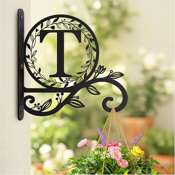 Personalized Initial Metal Plant Hanger Bracket, Decorative Wall Mount Hanging Plant Hook, Monogram Floral Leaf Garden Stake for Hanging Baskets Bird Feeders Lanterns Wind Chime (T)