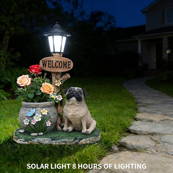 20" Solar Bulldog Garden Statue with Welcome Sign & Planter - Large Dog Sculpture with LED Street Lantern - Weatherproof Resin Decorative Flower Pot for Porch, Yard & Patio - Pet Lover Gift