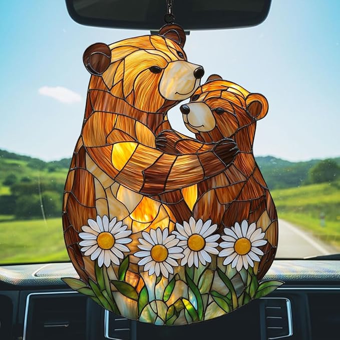 Cute Lovely Mother Bear Acrylic Suncatcher Stained Glass Effect Window Car Hanging Christmas Ornament Indoor Outdoor Decor Garden Sun Catcher Panel for Bear Lover for Women Mom Grandma