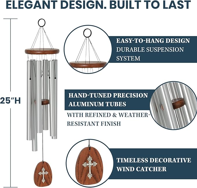 Woodstock Chimes Cross Wind Chime for Outside, Garden, Patio, Porch and Outdoor Decor (25'') Silver Amazing Grace Medium (AGMCR)