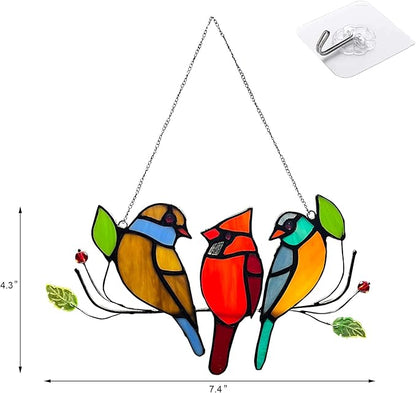 Cardinal Gifts Stained Glass Window Hangings, Suncatcher for Window Multicolor Bird On A Wire Panel Decor Series Ornament Home Wall Garden Decoration Bird Love Gifts
