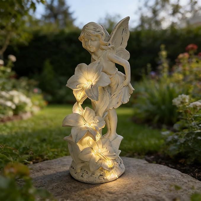 Angel Figurines Garden Statue, Solar Powered Outdoor Angel Statue Decor for Patio Lawn Yard Balcony, Waterproof Resin Angel Sculpture, Memorial Gift for Mom Mother Grandma (Gray)