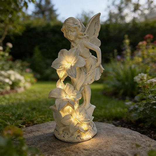 Angel Figurines Garden Statue, Solar Powered Outdoor Angel Statue Decor for Patio Lawn Yard Balcony, Waterproof Resin Angel Sculpture, Memorial Gift for Mom Mother Grandma (Gray)