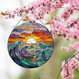 Stained Glass Window Hanging, Sea Waves and Clouds Suncatcher for Window Door Garden Home Decor, Sunset on The Beach and Ocean Scenery Glass Panel Ornaments for Women,Men,Wife, Lovers, and Mom 7.8 in