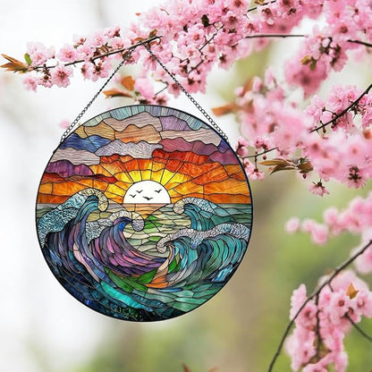 Stained Glass Window Hanging, Sea Waves and Clouds Suncatcher for Window Door Garden Home Decor, Sunset on The Beach and Ocean Scenery Glass Panel Ornaments for Women,Men,Wife, Lovers, and Mom 7.8 in