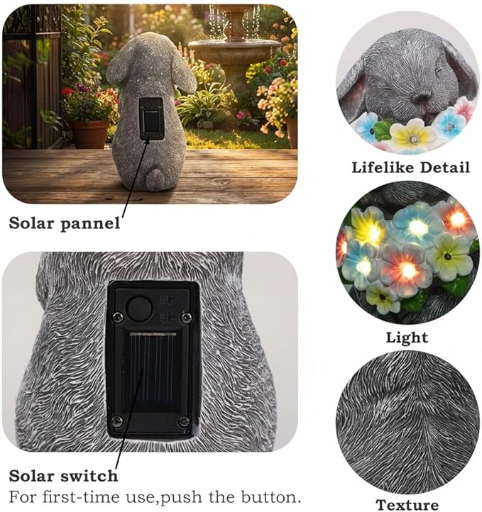 PETAFLOP Solar Powered Rabbit Garden Light, Bunny Holding Flower with Warm White LED, Outdoor Decor for Yard, Pathway, Lawn, Patio, Balcony