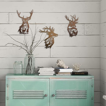 J-Fly Deer Metal Wall Art 9 Inch Deer Silhouette Wall Decor Rustic Forest Hunting Sign Woodland Valentine Decor for Fence Patio Porch Farmhouse Indoor for Living Room Bedroom Bathroom 3 Piece Set