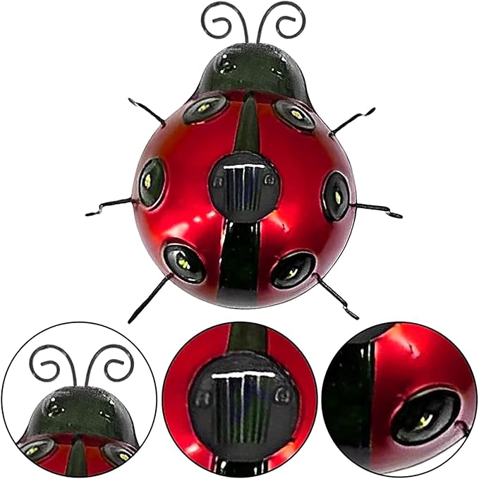 keeda Solar Ladybugs Garden Decor, Waterproof 5.5 Inch Metal Lady Bugs Cute Wall Art LED Garden Light Outside Decor for Porch Lawn Patio Balcony Pathway (Red)