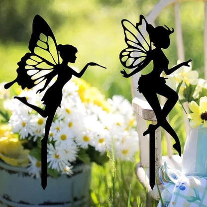 Garden Stake Metal Outdoor Decoration - Fairy With Magic Garden Stakes Outdoor Garden Decor Fairy Art Lawn Garden Silhouette Black Fairy Silhouette Stake for Yards, Gardens Spring Decor - Set of 2