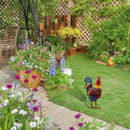 Metal Rooster Yard Decor,16 in Outdoor Chicken Statue Decoration for Patio Lawn Garden,3D Rooster Garden Statues,Chicken Yard Art Sculpture Outdoor Figurines,Metal Chicken Decor,1 Pcs (red)