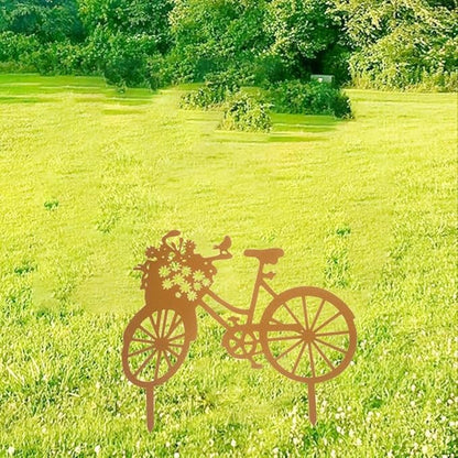 Yard Art Garden Metal Statue Decor,Lifelike Bicycle Stakes Outdoor Decorations,Black Hollow Out Iron Silhouette Sets for Farmhouse Pathway Lawn (Rust)