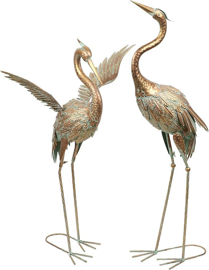 TERESA'S COLLECTIONS Garden Decor, Set of 2 Cranes Garden Decor, 33-39", Elegant Cranes with Golden Painting, Waterproof Metal Garden Statue, Herons Gifts Birthday Gifts for Women Mom