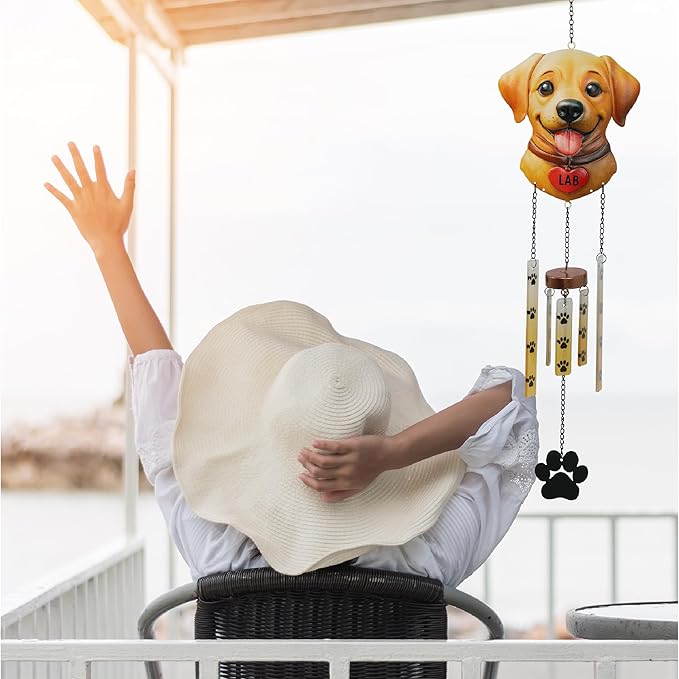 CoTa Global Lab Dog Wind Chime - Labrador Puppy Hanging Decor with Paw Print Glass Tubes, Brown and Yellow Dog Garden Ornament, Indoor Outdoor Porch Patio Yard Decoration - 25 Inches