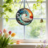 Suncatcher Stained Glass Window Hanging - Waves Glass Panel with Metal Chain and Hooks Handmade Sun Catcher Decoration for Window Garden Home Christmas & Birthday Gifts
