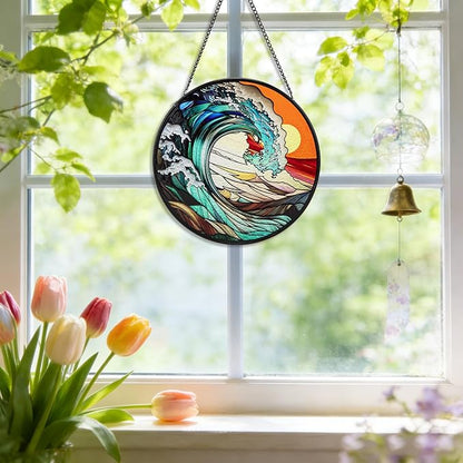 Suncatcher Stained Glass Window Hanging - Waves Glass Panel with Metal Chain and Hooks Handmade Sun Catcher Decoration for Window Garden Home Christmas & Birthday Gifts