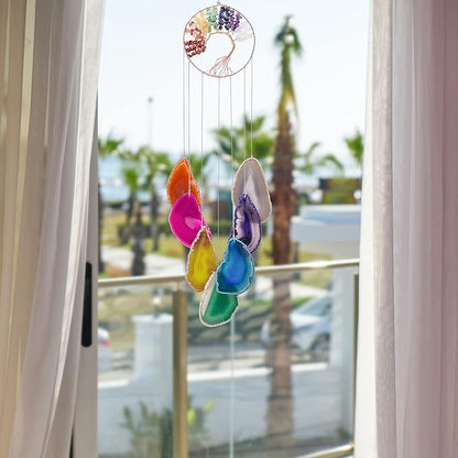 Yoption 7 Chakra Healing Stone Tree of Life Memorial Wind Chime, Natural Crystal Agate Slices Windchimes for Indoor Outdoor Decoration Ornament, 18-19 inch