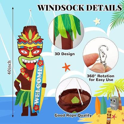 NOVWANG 2 PCS Luau Party Windsock, Hawaiian Party Hanging Decoration Tiki Outdoor Wind Sock for Yard Garden Patio Hawaii Luau Tropical Birthday Decor