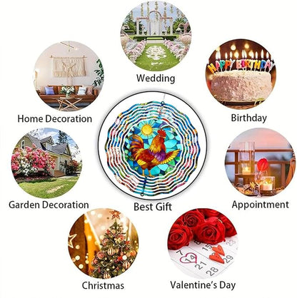 10 Inch 3D Rooster Wind Spinner for Yard and Garden, Laser Cut Metal Hanging Kinetic Wind Rustproof Sculpture for Lawn Balcony Window Porch Outdoor Decor