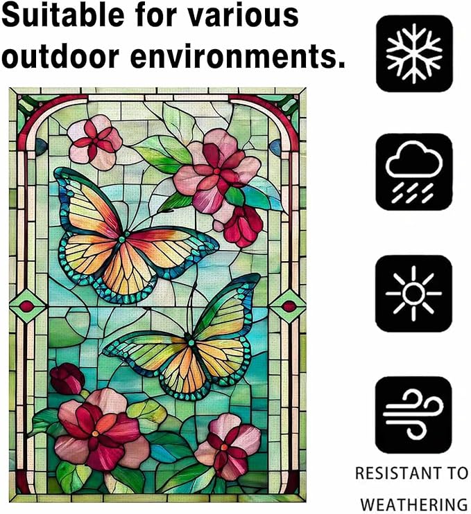 Spring Summer Butterfly House Flag 28x40 Inch Double Sided, Stained Glass Floral Butterfly Outdoor Flag, Colorful Flower Large Yard Lawn Porch Patio Farmhouse Garden Decor
