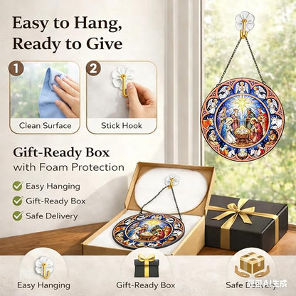 Nativity Suncatcher Window Hanging, 7.8" Stained Glass Faith Gift for Mom, Grandma and Friends, Religious Window Decor for Prayer Room, Sunroom, Office and Bible Study Corner