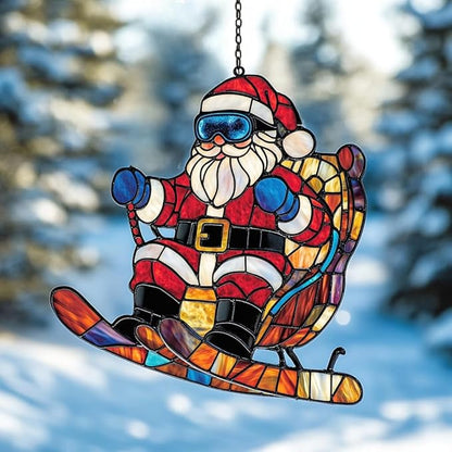 Funny Santa Claus Skiing Acrylic Suncatcher Stained Glass Effect Window Car Hanging Christmas Ornament Indoor Outdoor Decor Garden Sun Catcher Panel for Christmas Lover for Women Mom Grandma