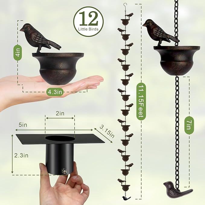 Metal Bird Rain Chain for Gutters, 10.2 Ft Rust-Resistant Outdoor Rain Catcher with Hanging Gutter Adapter, Perfect for Heavy Rain, Indoor/Outdoor Decoration, Dark Bronze Finish