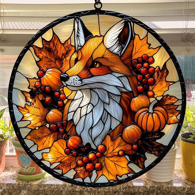 Autumn Lovely Fox Acrylic Suncatcher Stained Glass Effect Window Car Hanging Christmas Ornament Indoor Outdoor Decor Garden Sun Catcher Panel for Fox Lover for Women Mom Grandma