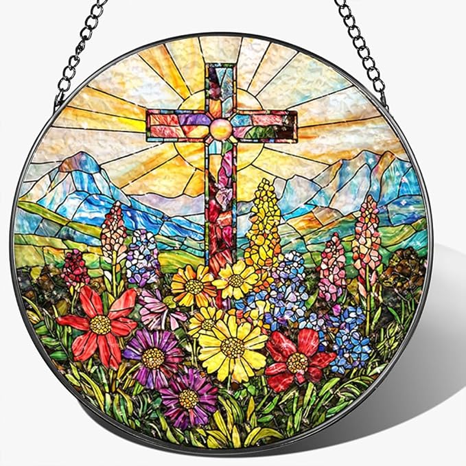 Stained Glass Suncatcher Window Hanging, 7.8 Inch Handmade Sunflower Garden suncatchers, Suncatcher Home Decor,Gift for Women, Mom, Grandma (Cross)
