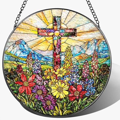 Stained Glass Suncatcher Window Hanging, 7.8 Inch Handmade Sunflower Garden suncatchers, Suncatcher Home Decor,Gift for Women, Mom, Grandma (Cross)