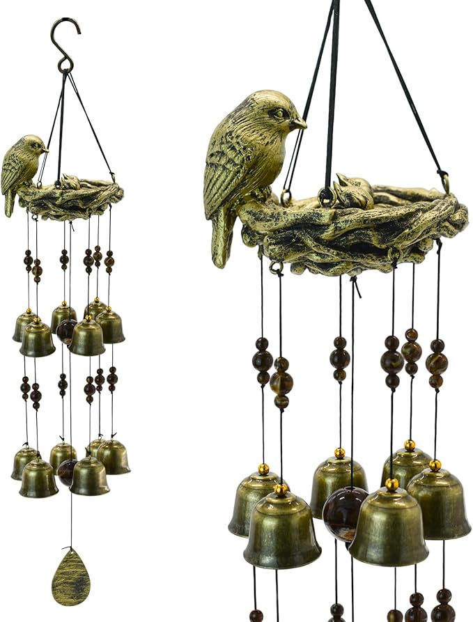 MrMrKura Bird Nest Wind Chime, Bird WindChimes with 12 Bells for Glory Mothers Love Gift Decorative Hanging Bells for Outdoor Garden Backyard Home Decor