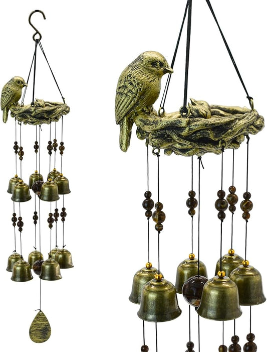 MrMrKura Bird Nest Wind Chime, Bird WindChimes with 12 Bells for Glory Mothers Love Gift Decorative Hanging Bells for Outdoor Garden Backyard Home Decor