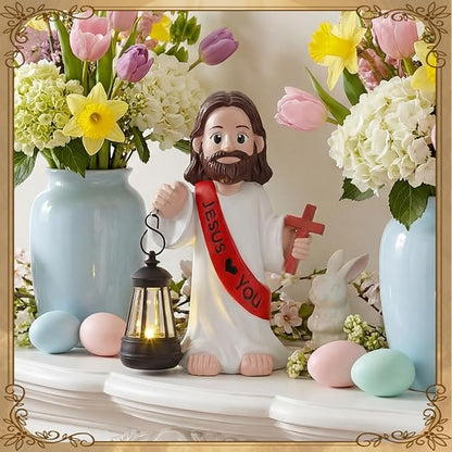 Capoda Solar Jesus Figurine 8 Inch, He is Risen Easter Statue with Glowing Lantern, Jesus Loves You Christian Resin Outdoor Garden Statue Decor, Religious Easter Gifts(Cross,Red)