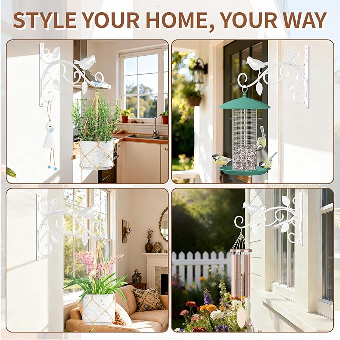 LASZOLA 4 Pack 12 Inch Hanging Plant Brackets, Heavy Duty Iron Wall Hooks with Decorative Bird and Leaf, Rust Proof Metal Outdoor Fence Hangers for Bird Feeders, Planters, Wind Chimes, Lanterns, White