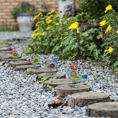 4 Pack Bird Garden Decor for Outside, Glass & Metal Yard Art Decoration for Porch Patio, Garden Statues Sculpture Gifts for Grandma Mom Women (Colorful)
