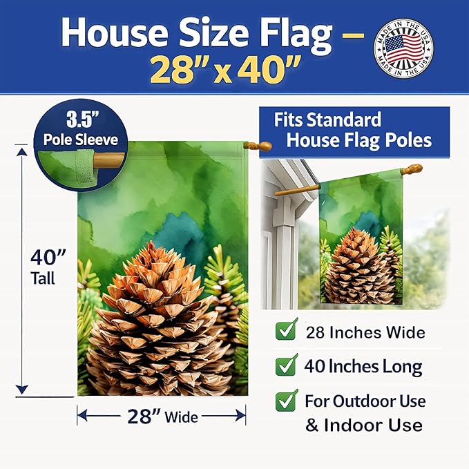 Caroline's Treasures Maine White Pine Cone and Tassels in Watercolor House Flag Large Porch Sleeve Pole Decorative Outside Yard Banner Artwork Wall Hanging, Polyester, House Size, Multicolor