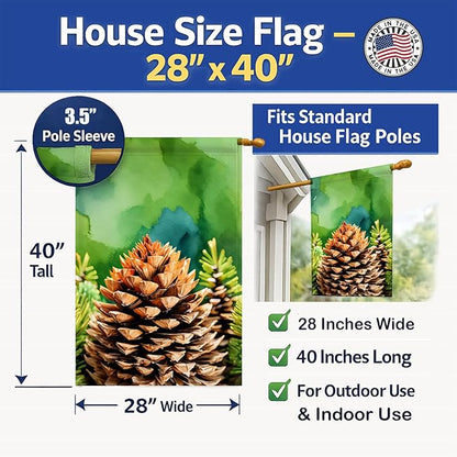 Caroline's Treasures Maine White Pine Cone and Tassels in Watercolor House Flag Large Porch Sleeve Pole Decorative Outside Yard Banner Artwork Wall Hanging, Polyester, House Size, Multicolor
